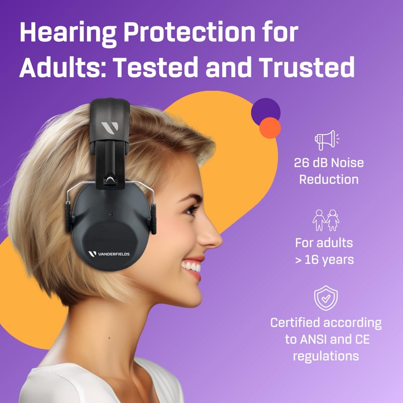 Vanderfields Premium Hearing Protection Ear Muffs - Broad Spectrum Sound Reduction 33.2dB at 2K Hz Noise Cancelling - Headset Safety Noise Cancellation - Headphones Adults and Teens - Charcoal Gray - Image 2